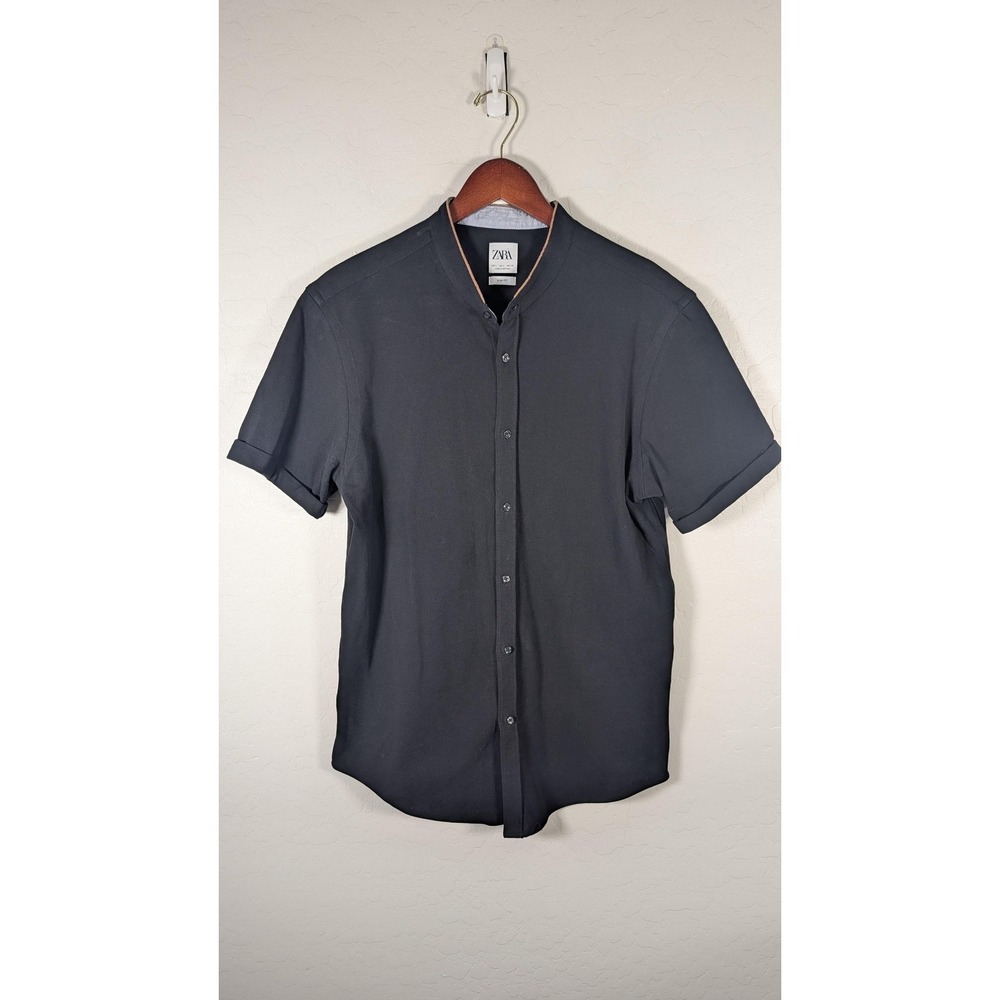 Zara Shirt Mens Large Black Slim Fit Short Sleeve Button Front Band Collar